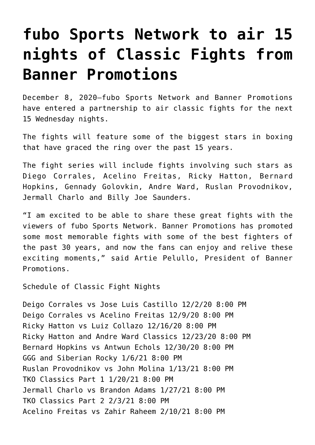 Fubo Sports Network to Air 15 Nights of Classic Fights from Banner Promotions