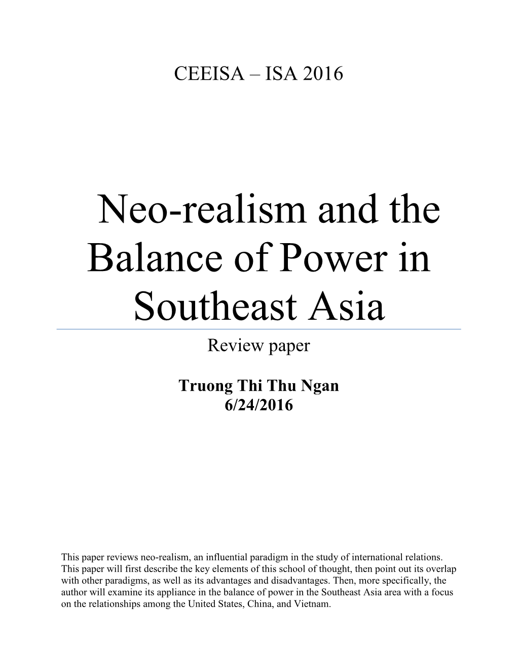 Neo-Realism and the Balance of Power in Southeast Asia Review Paper