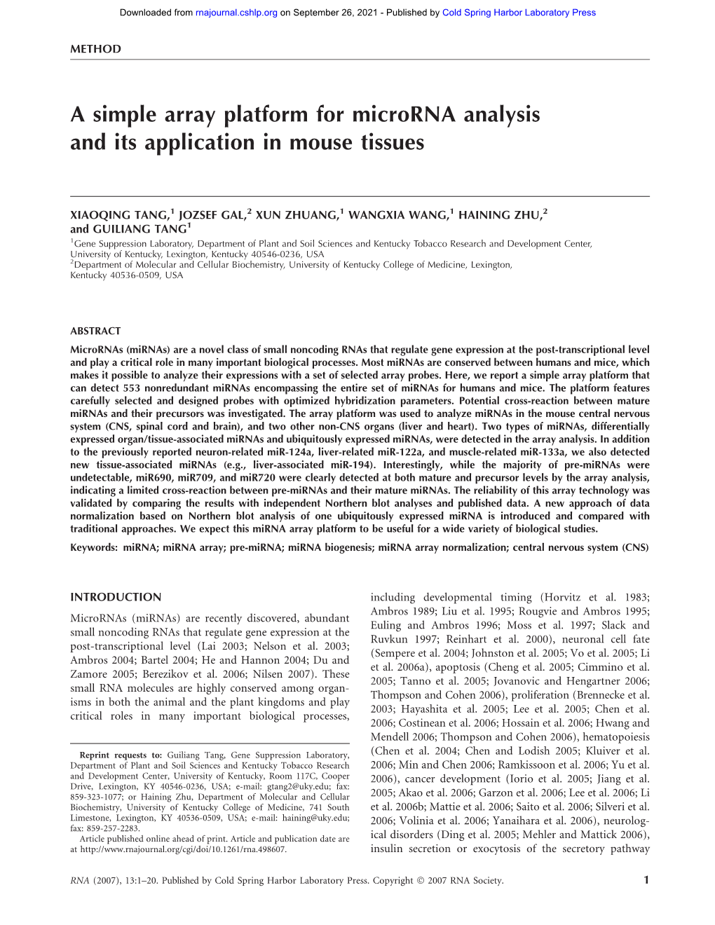 A Simple Array Platform for Microrna Analysis and Its Application in Mouse Tissues