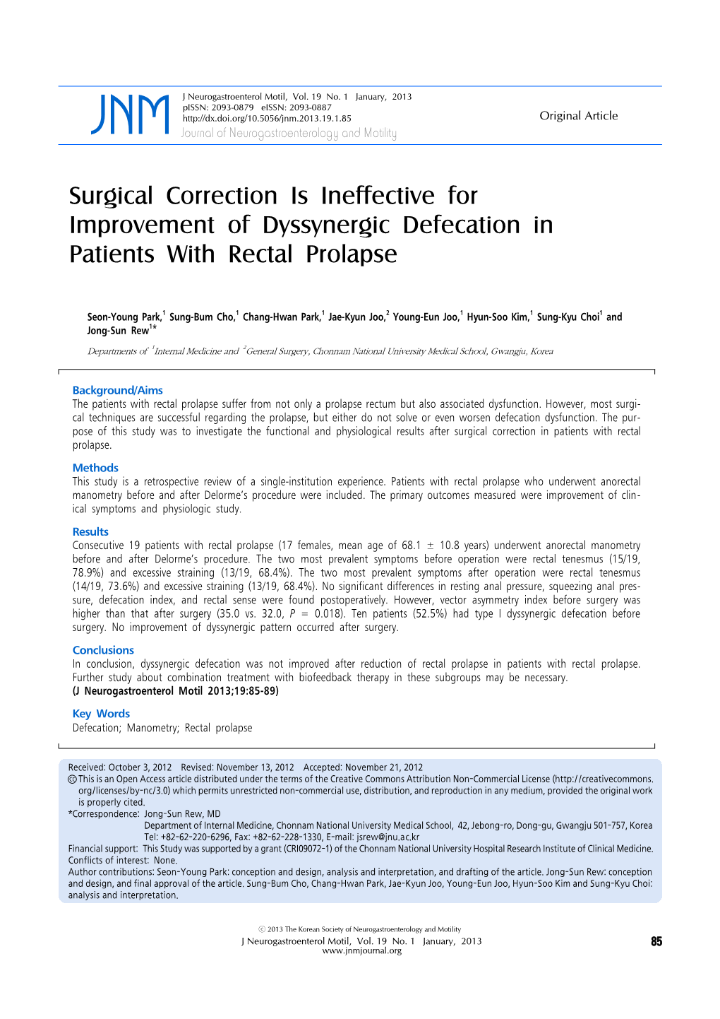 Surgical Correction Is Ineffective for Improvement of Dyssynergic Defecation in Patients with Rectal Prolapse