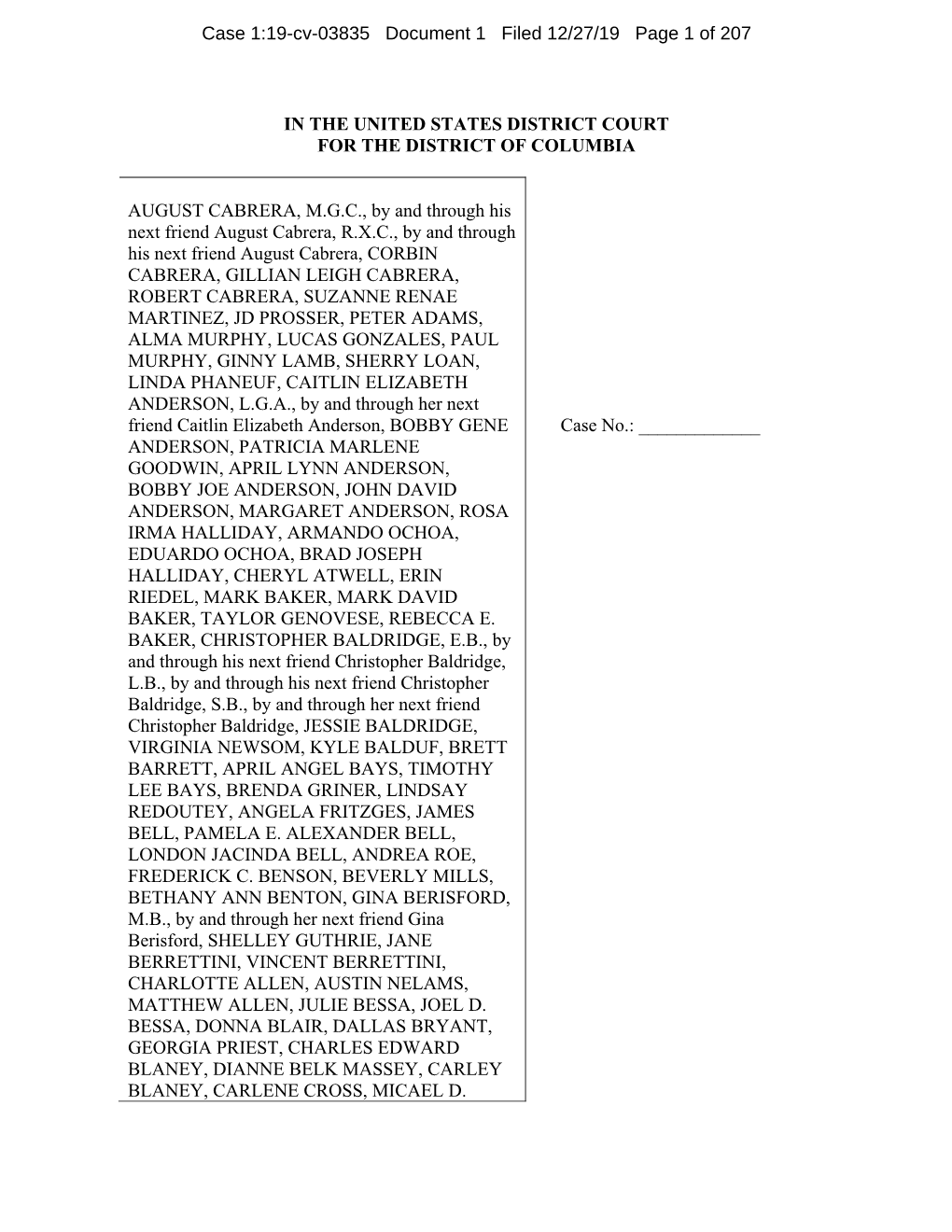 IN the UNITED STATES DISTRICT COURT for the DISTRICT of COLUMBIA AUGUST CABRERA, M.G.C., by and Through His Next Friend August C