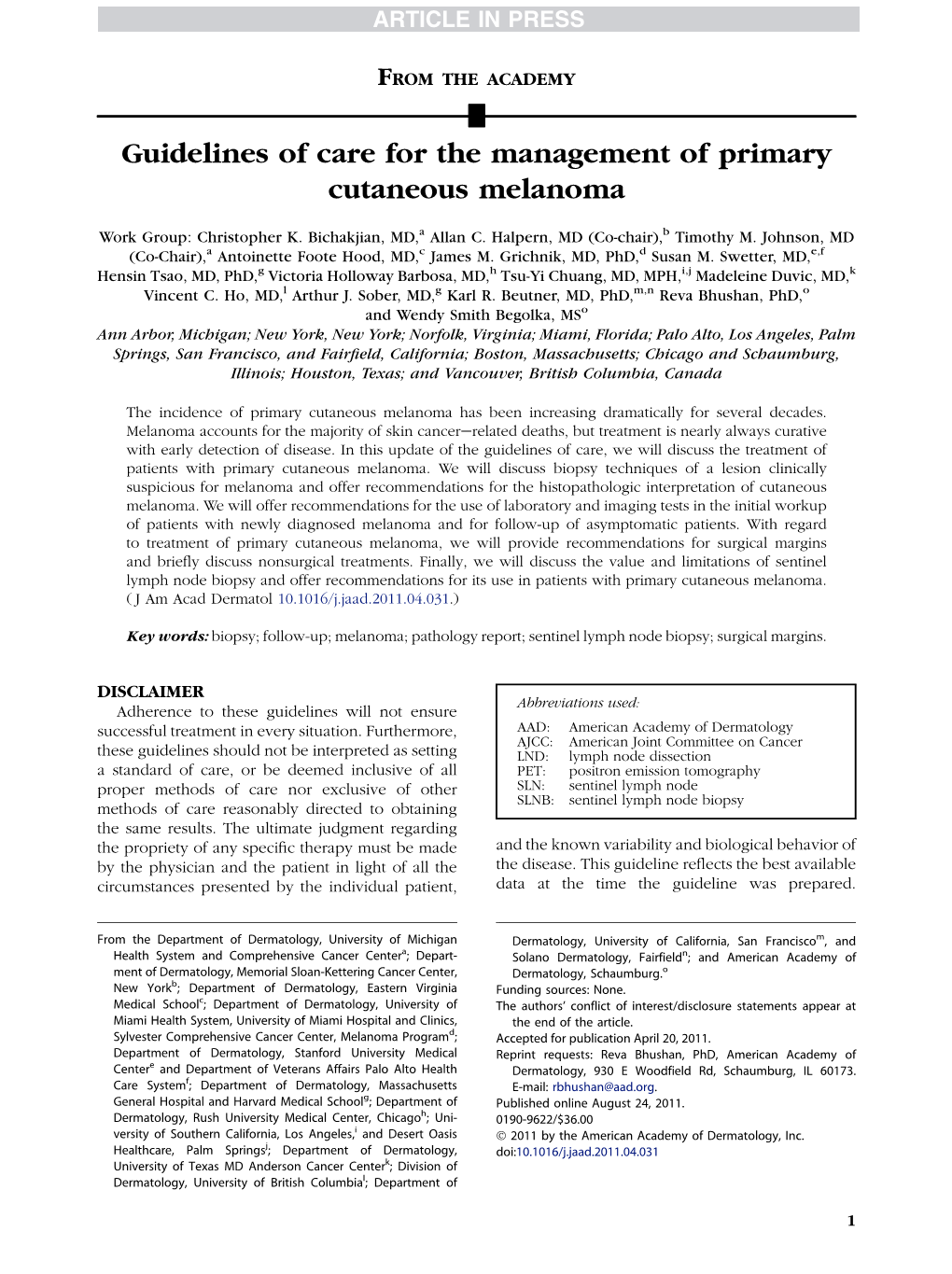 Guidelines of Care for the Management of Primary Cutaneous Melanoma