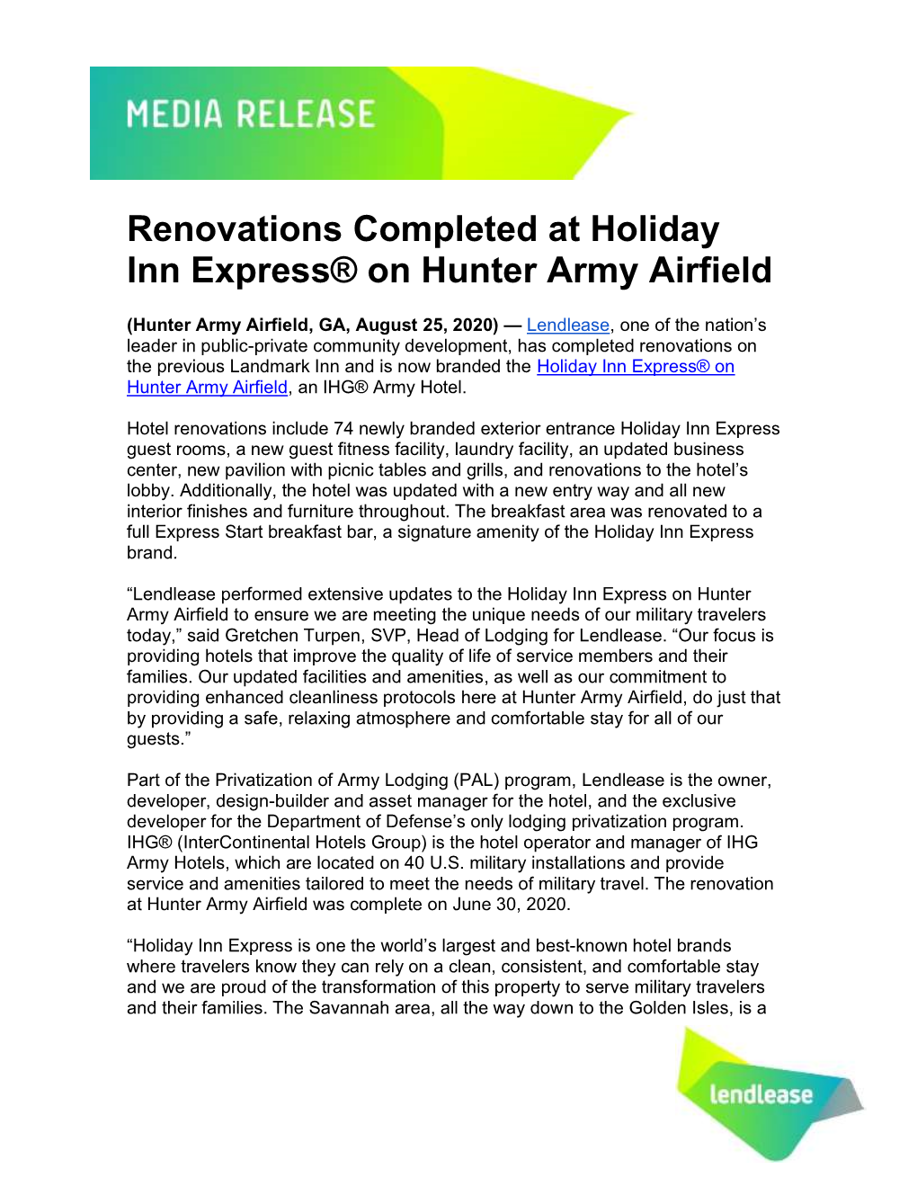 Renovations Completed at Holiday Inn Express® on Hunter Army Airfield
