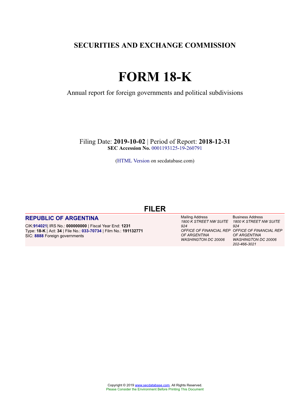 REPUBLIC of ARGENTINA Form 18-K Filed 2019-10-02