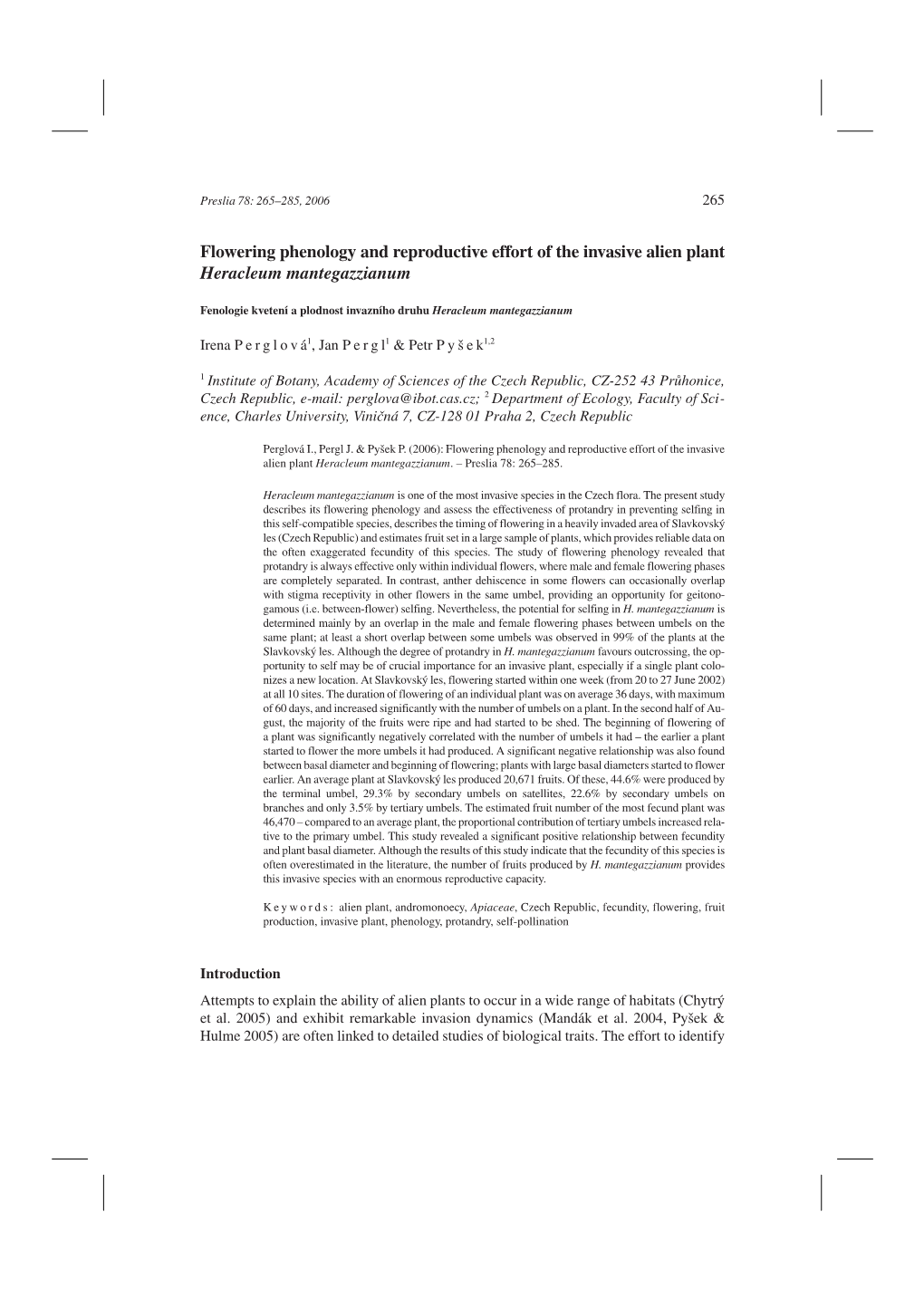 Flowering Phenology and Reproductive Effort of the Invasive Alien Plant Heracleum Mantegazzianum