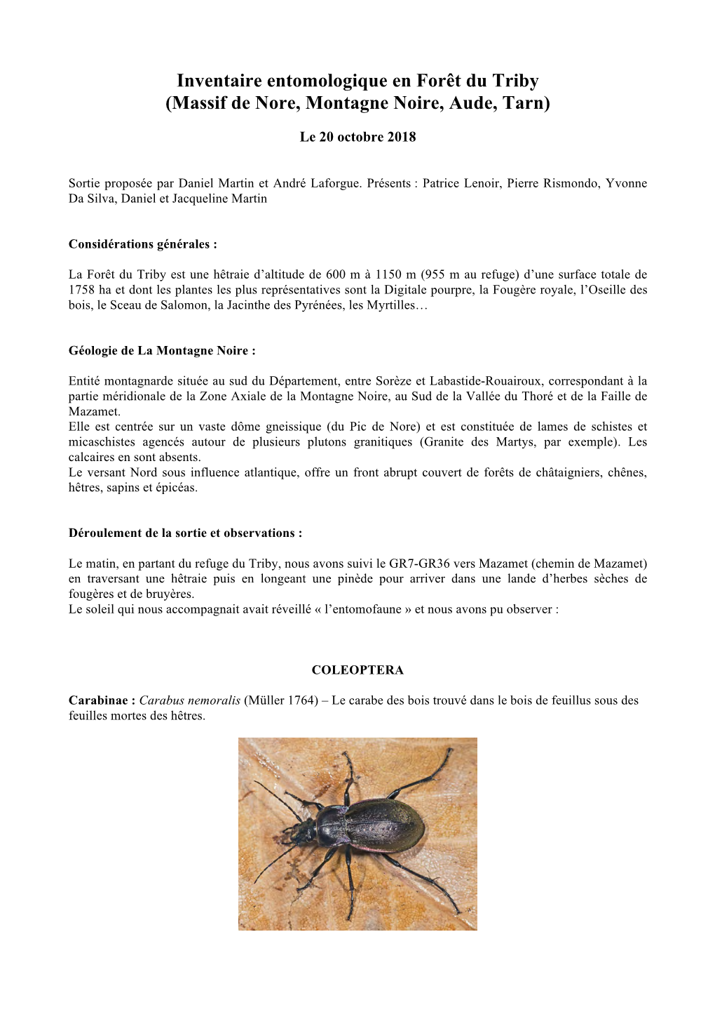 Inventaire Entomologique En Forêt Du Triby (Massif De Nore, Montagne Noire, Aude, Tarn)