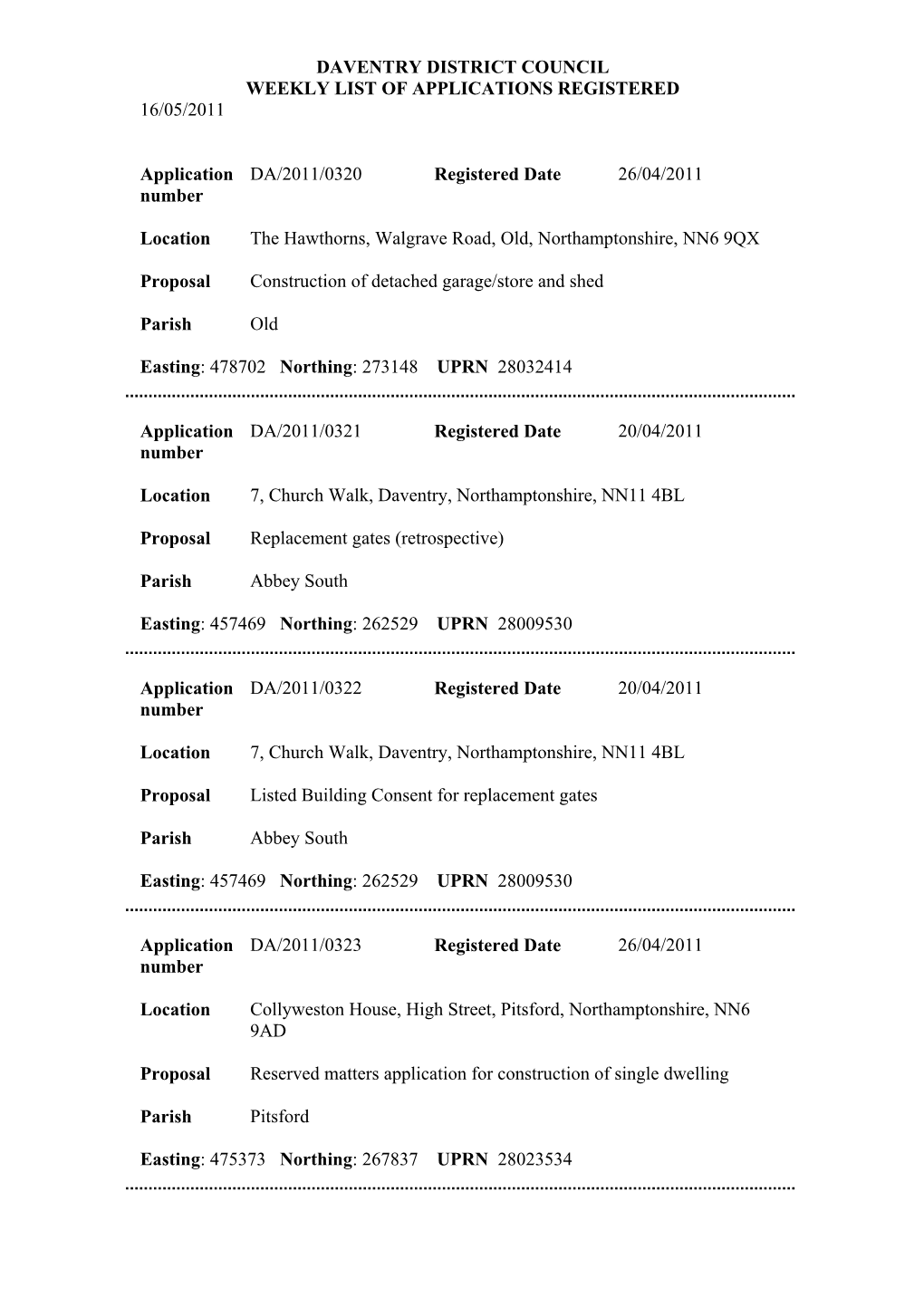Daventry District Council Weekly List of Applications Registered 16/05/2011