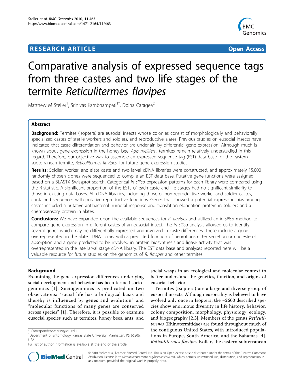 Comparative Analysis of Expressed Sequence Tags from Three Castes