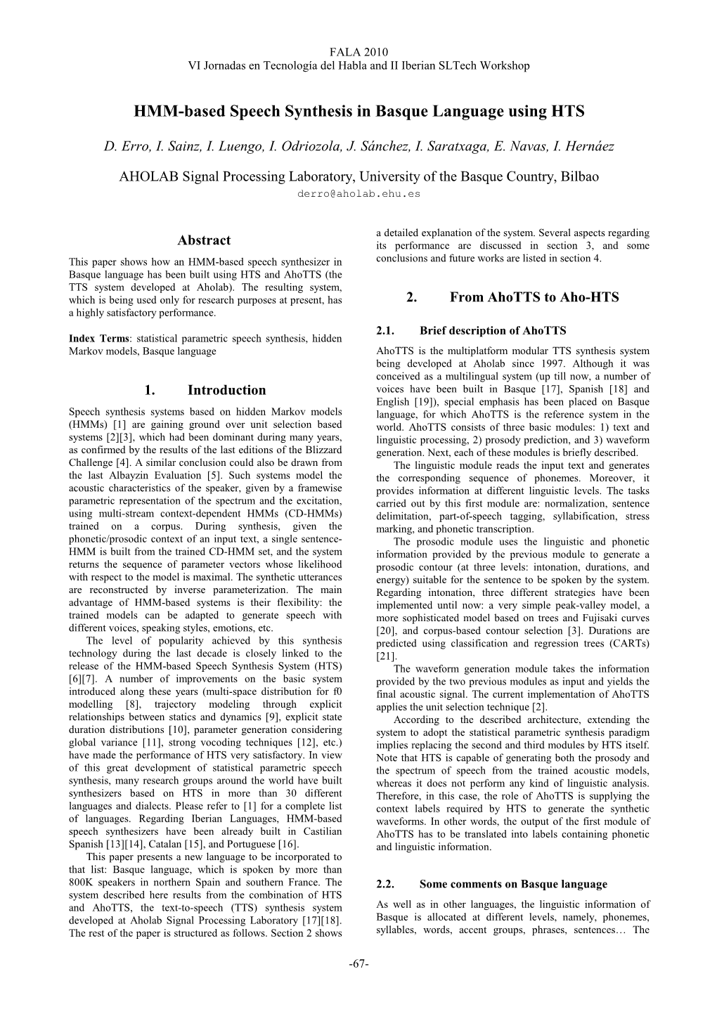 HMM-Based Speech Synthesis in Basque Language Using HTS