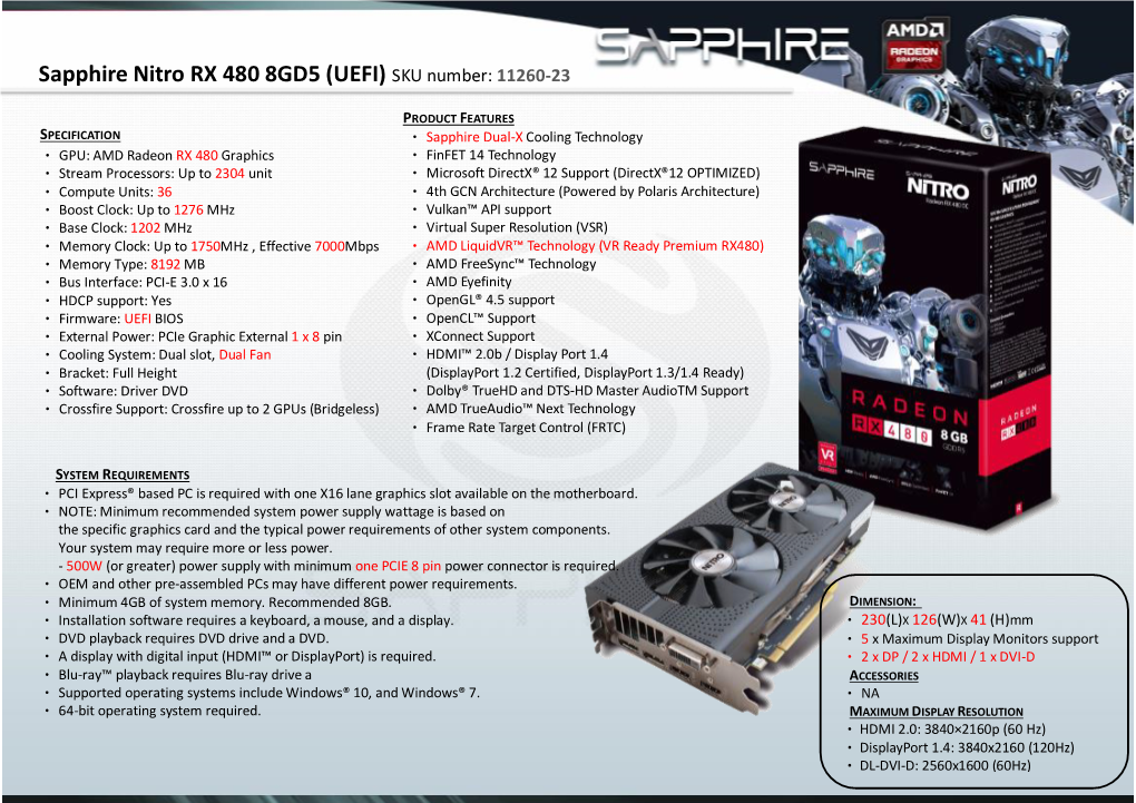 Sapphire Nitro RX 480 8GD5 (UEFI) SKU Number: 11260-23