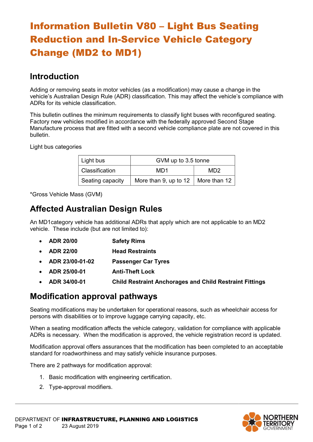 Light Bus Seating Reduction and In-Service Vehicle Category Change (MD2 to MD1)