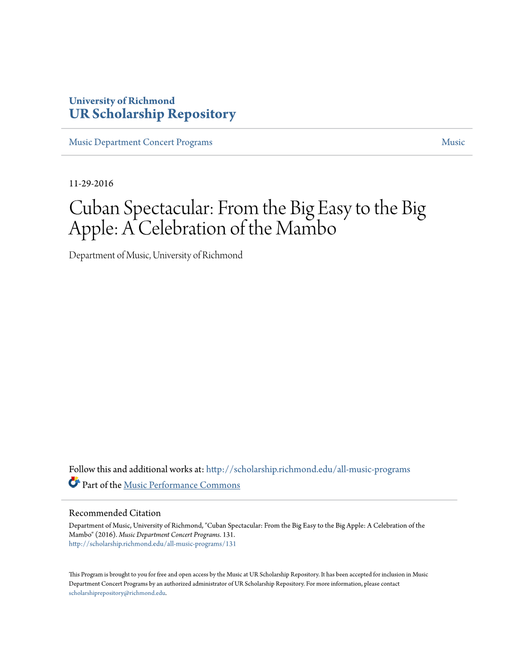 Cuban Spectacular: from the Big Easy to the Big Apple: a Celebration of the Mambo Department of Music, University of Richmond