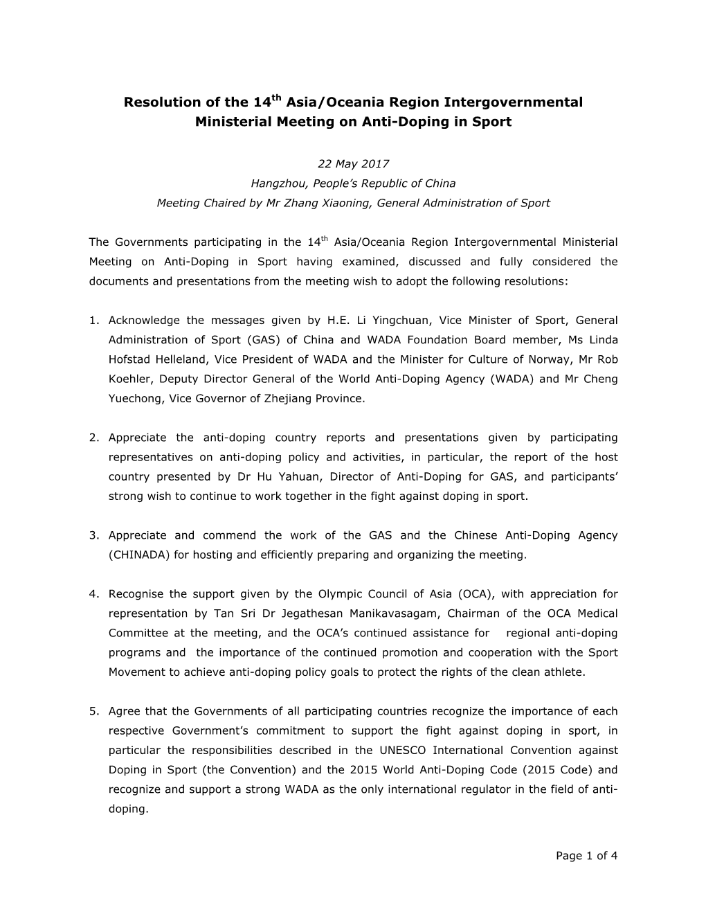 Resolution of the 14Th Asia/Oceania Region Intergovernmental Ministerial Meeting on Anti-Doping in Sport