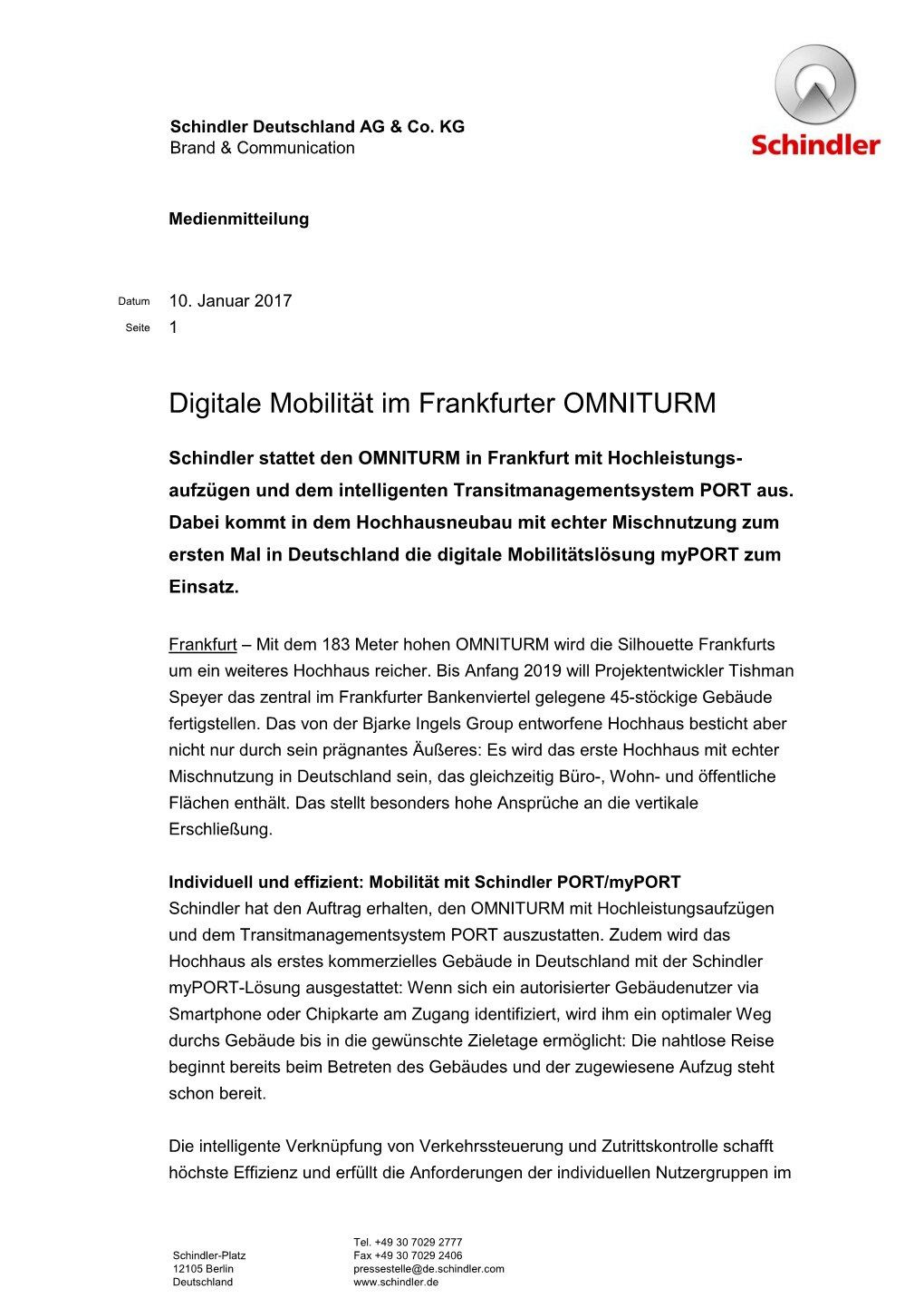 Digitale Mobilität Im Frankfurter OMNITURM | Schindler