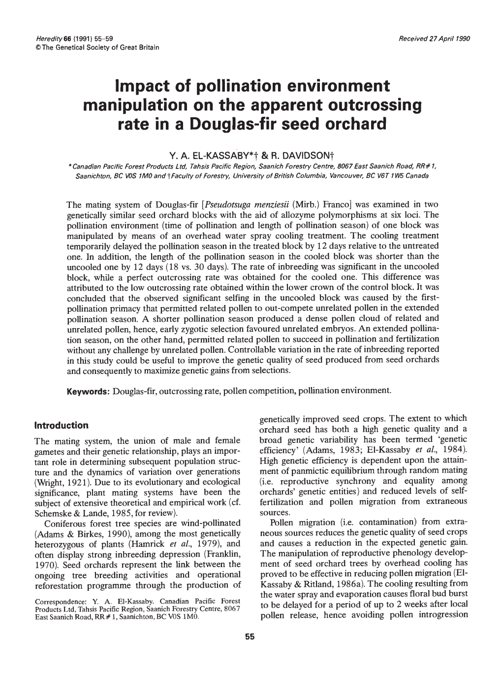 Impact of Pollination Environment Manipulation on the Apparent Outcrossing Rate in a Douglas-Fir Seed Orchard