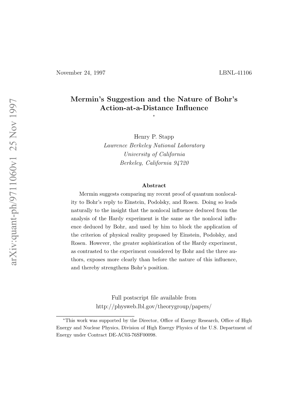 Mermin's Suggestion and the Nature of Bohr's Action-At-A-Distance