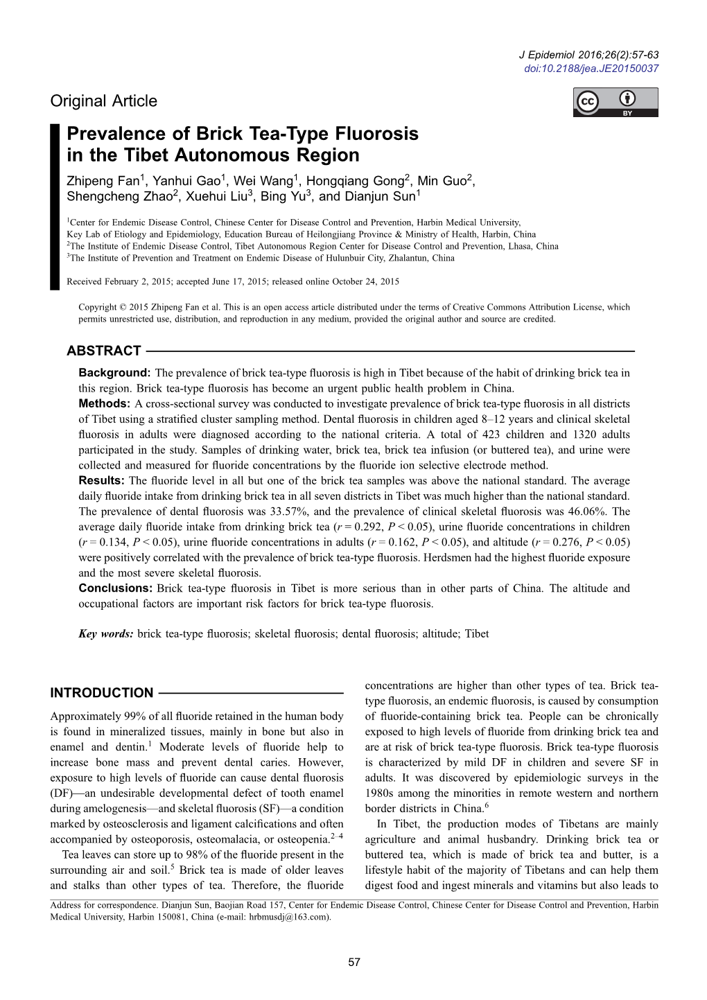 Prevalence of Brick Tea-Type Fluorosis in the Tibet