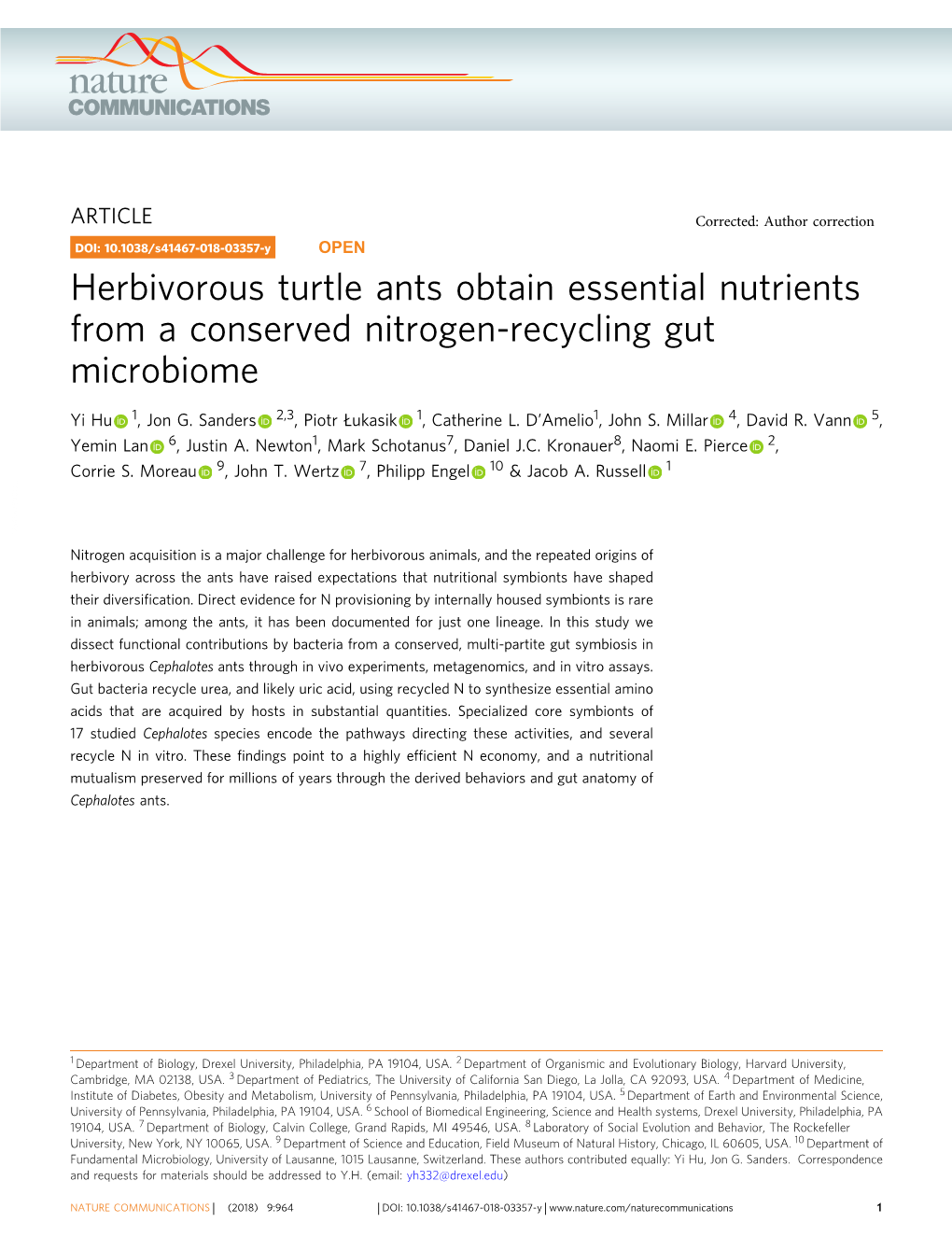 Herbivorous Turtle Ants Obtain Essential Nutrients from a Conserved Nitrogen-Recycling Gut Microbiome