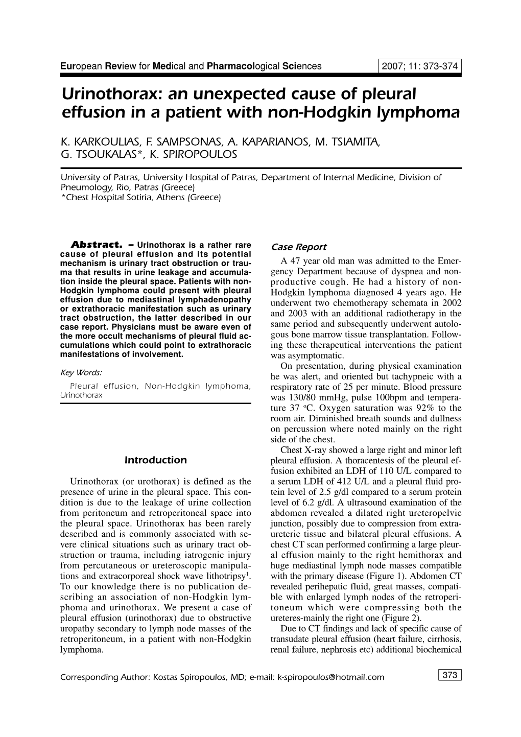 Urinothorax: an Unexpected Cause of Pleural Effusion in a Patient with Non-Hodgkin Lymphoma