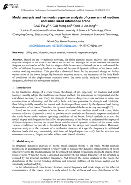 Modal Analysis and Harmonic Response Analysis of Crane Arm of Medium and Small Sized Automobile Crane CAO Fu-Yi1,A, CUI Meng-Kai