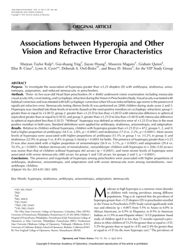 Associations Between Hyperopia and Other Vision and Refractive Error Characteristics