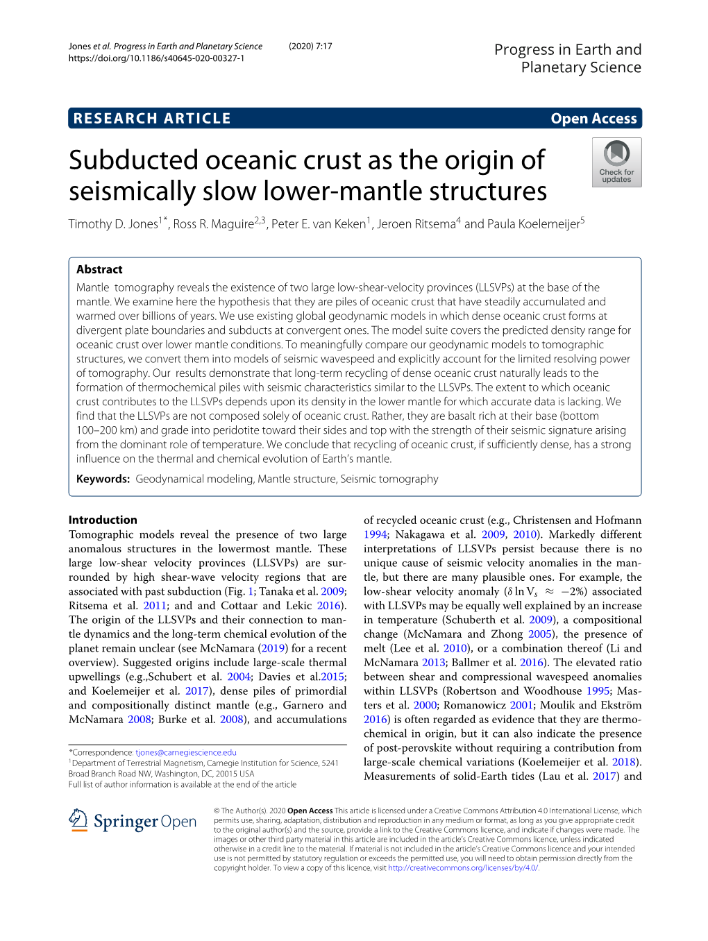 Subducted Oceanic Crust As the Origin of Seismically Slow Lower-Mantle Structures Timothyd.Jones1*, Ross R