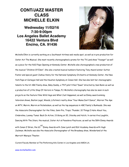MICHELLE ELKIN Wednesday 11/02/16 7:30-9:00Pm Los Angeles Ballet Academy 16422 Ventura Blvd Encino, CA