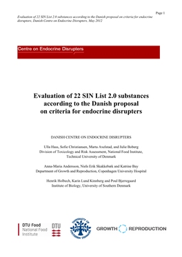 Evaluation of 22 SIN List 2.0 Substances According to the Danish Proposal on Criteria for Endocrine Disruptors, Danish Centre on Endocrine Disrupters, May 2012