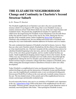 ELIZABETH NEIGHBORHOOD Change and Continuity in Charlotte's Second Streetcar Suburb by Dr