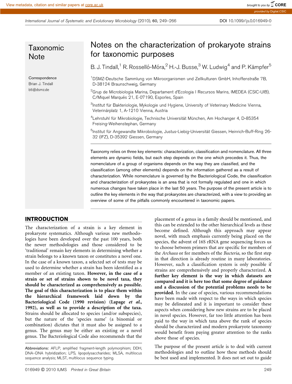 Notes on the Characterization of Prokaryote Strains for Taxonomic