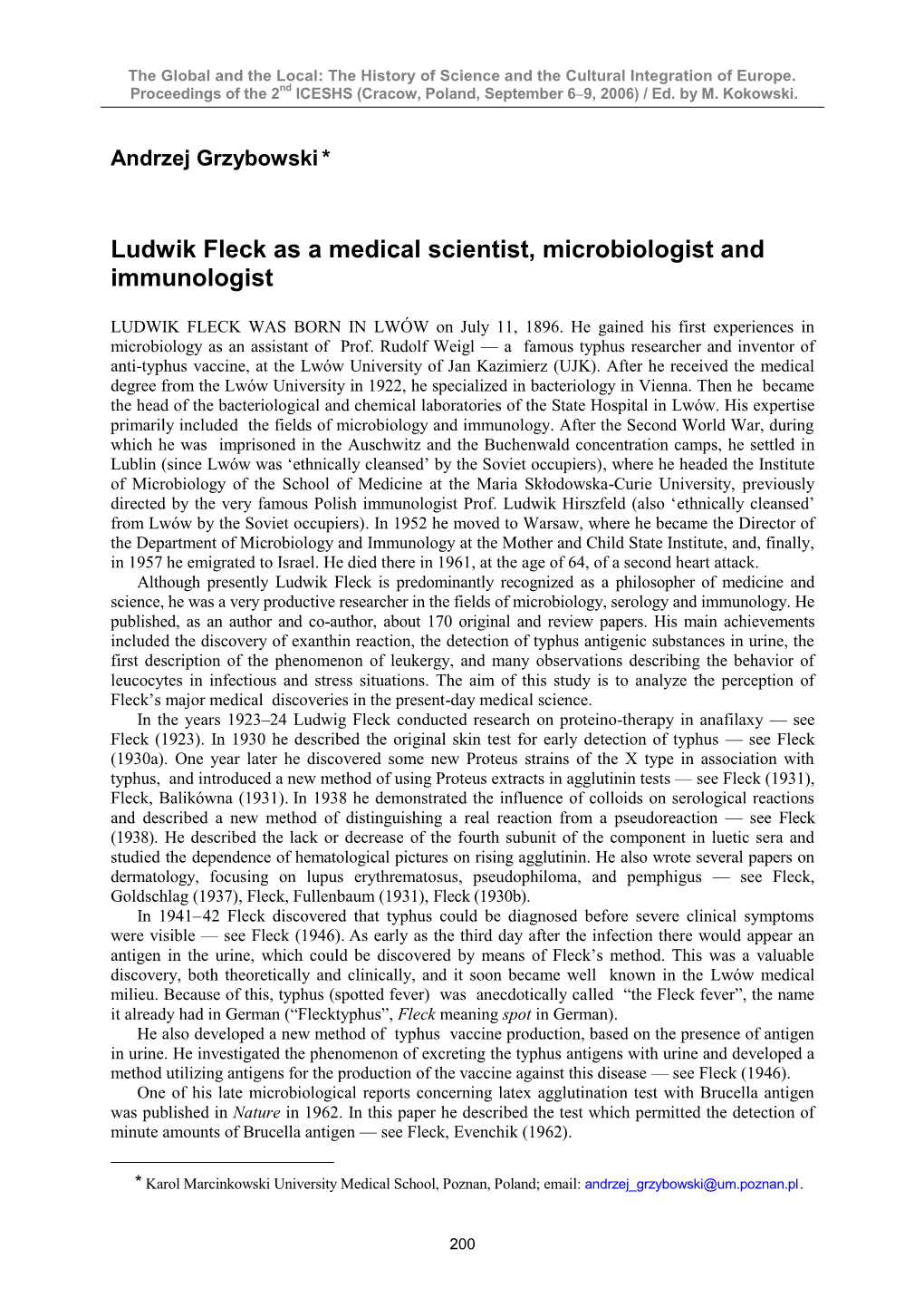 Ludwik Fleck As a Medical Scientist, Microbiologist and Immunologist