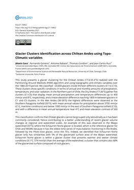 Glacier Clusters Identification Across Chilean Andes Using Topo- Climatic Variables