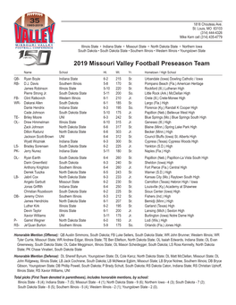 2019 Missouri Valley Football Preseason Team Name School Ht