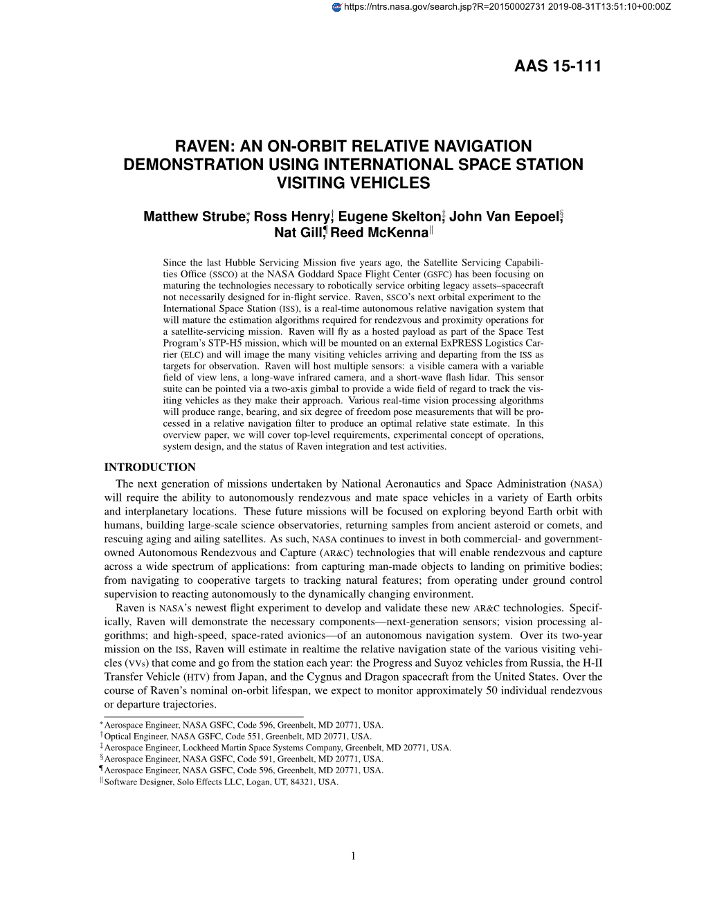 Aas 15-111 Raven: an On-Orbit Relative Navigation