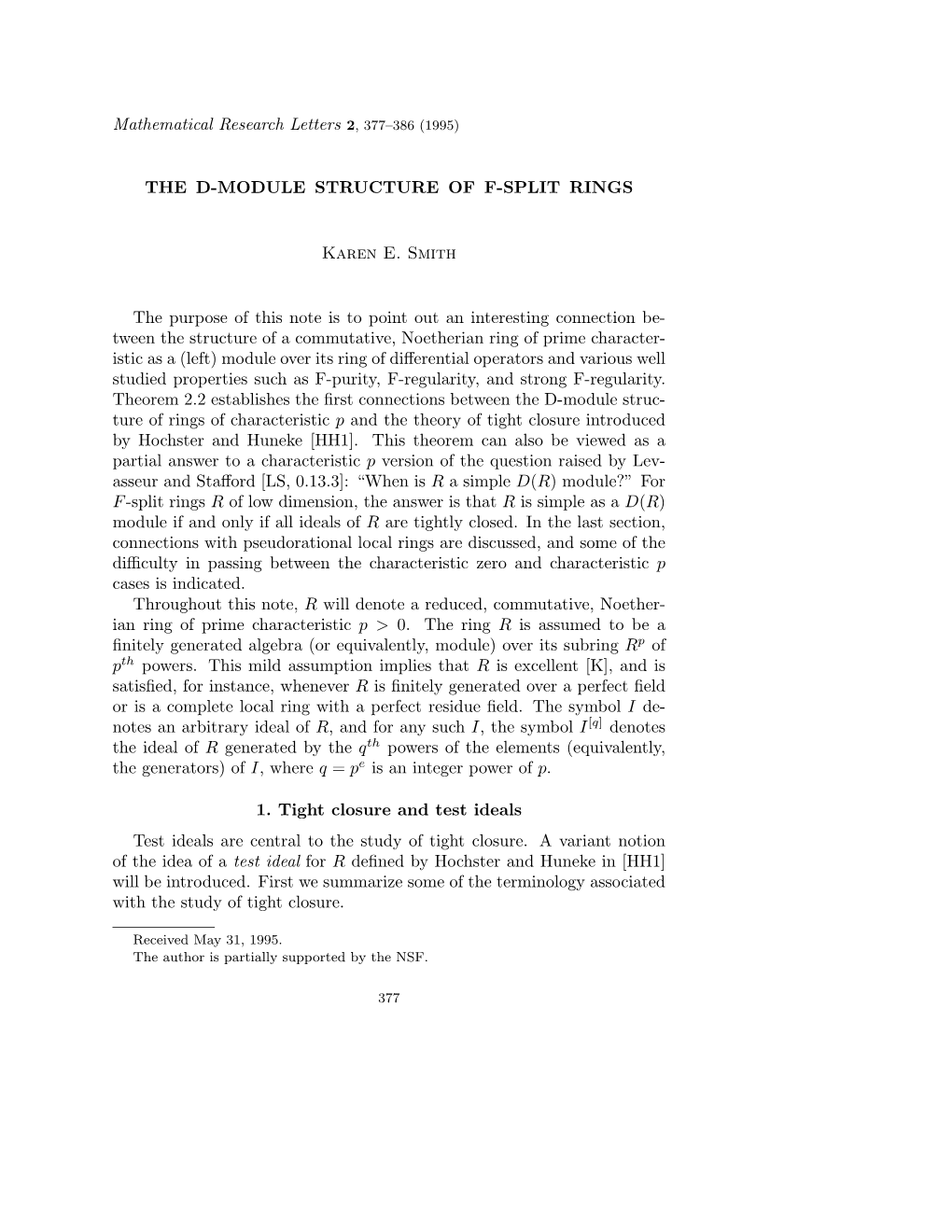 (1995) the D-MODULE STRUCTURE of F-SPLIT RINGS Karen E. Smith