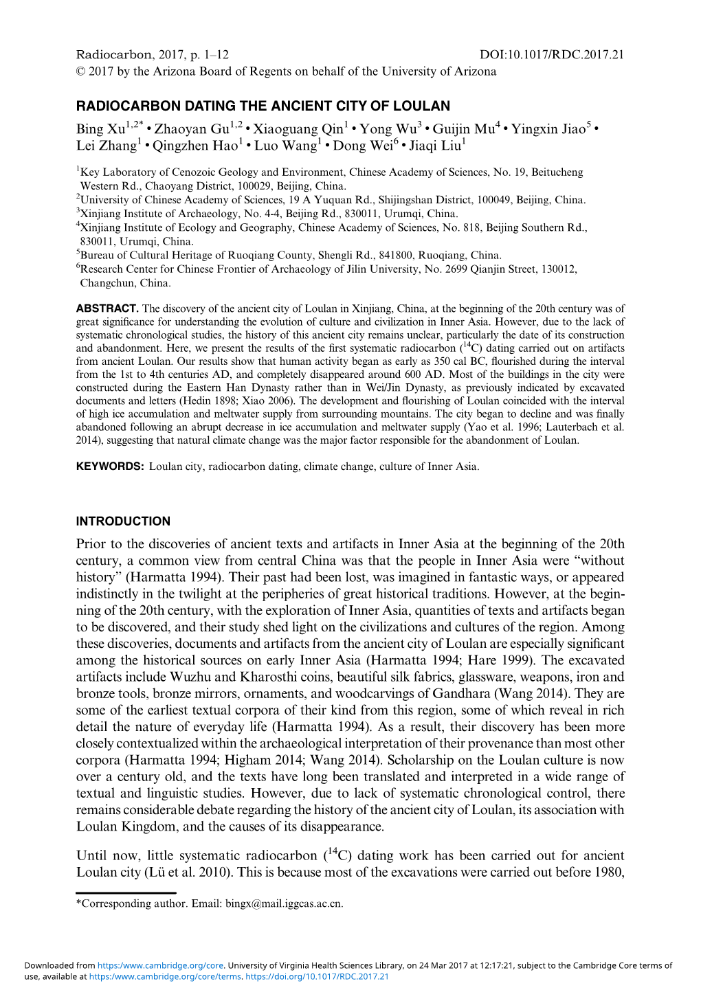 RADIOCARBON DATING the ANCIENT CITY of LOULAN Bing Xu1,2* • Zhaoyan Gu1,2 • Xiaoguang Qin1 • Yong Wu3 • Guijin Mu4