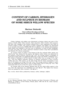 Content of Carbon, Hydrogen and Sulphur in Biomass of Some Shrub Willow Species