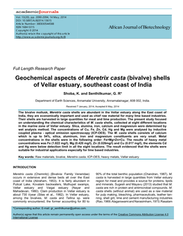 Geochemical Aspects of Meretrix Casta (Bivalve) Shells of Vellar Estuary, Southeast Coast of India
