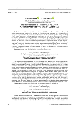 M. Egamberdiyev *, D. Taldybayeva IDENTITY PERCEPTION in CENTRAL ASIA and NATION-STATE BUILDING: CASE of UZBEKISTAN