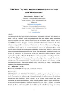 2010 World Cup Stadia Investment: Does the Post-Event Usage