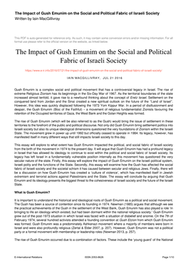 The Impact of Gush Emunim on the Social and Political Fabric of Israeli Society Written by Iain Macgillivray