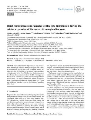Brief Communication: Pancake Ice Floe Size Distribution During the Winter Expansion of the Antarctic Marginal Ice Zone