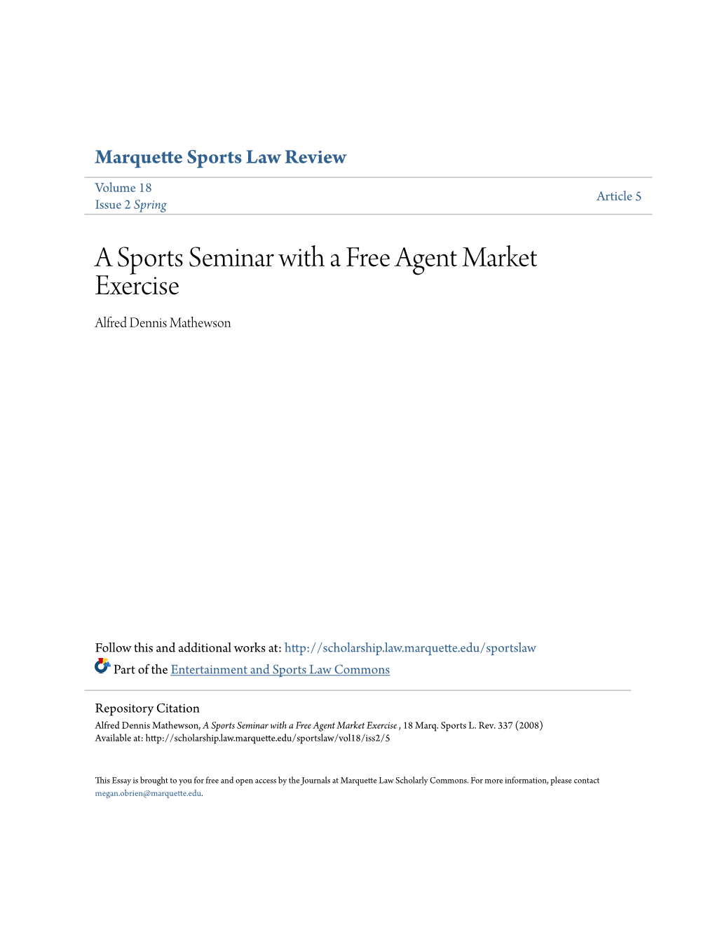 A Sports Seminar with a Free Agent Market Exercise Alfred Dennis Mathewson