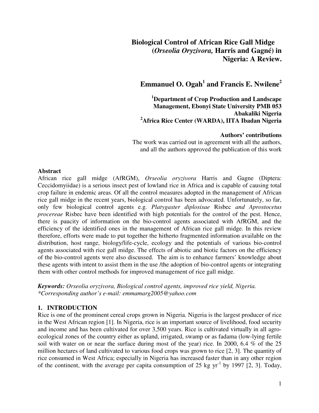 Biological Control of African Rice Gall Midge (Orseolia Oryzivora, Harris and Gagné) in Nigeria: a Review