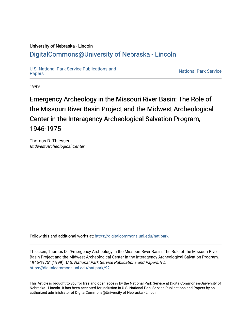 The Role of the Missouri River Basin Project and the Midwest Archeological Center in the Interagency Archeological Salvation Program, 1946-1975