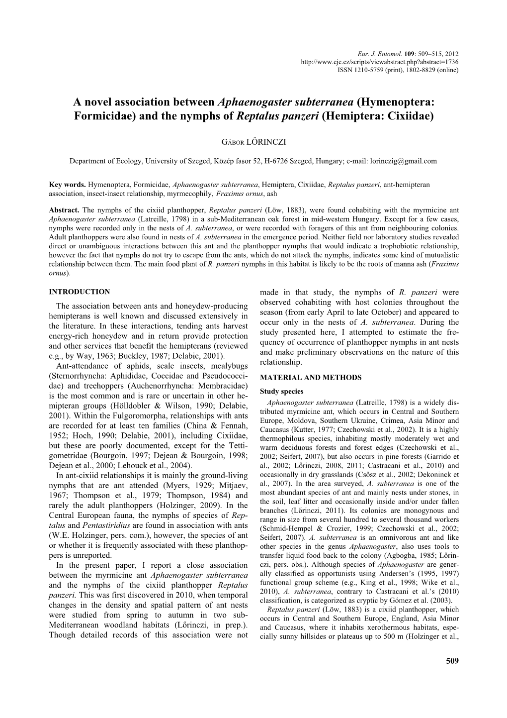 Hymenoptera: Formicidae) and the Nymphs of Reptalus Panzeri (Hemiptera: Cixiidae)