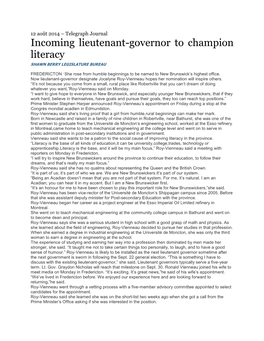 Incoming Lieutenant-Governor to Champion Literacy SHAWN BERRY LEGISLATURE BUREAU