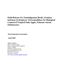 Field Release of a Nonindigenous Beetle, Gratiana Boliviana (Coleoptera: Chrysomelidae), for Biological Control of Tropical Soda Apple, Solanum Viarum (Solanaceae)