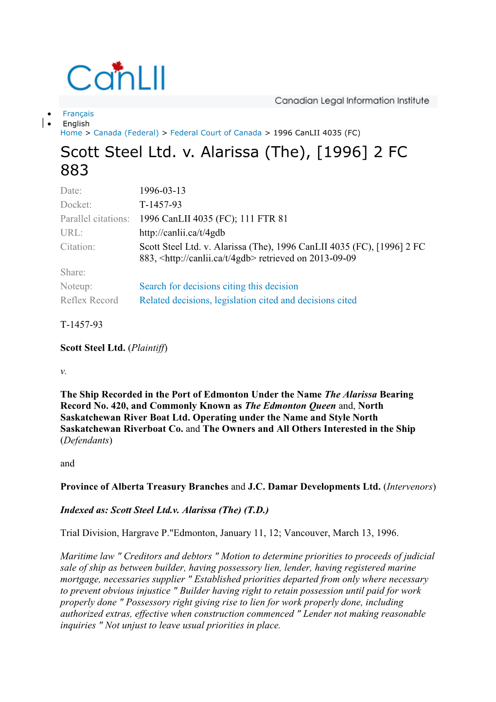 Scott Steel Ltd. V. Alarissa (The), [1996]