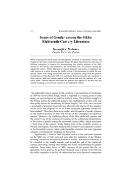 Issues of Gender Among the Sikhs: Eighteenth-Century Literature